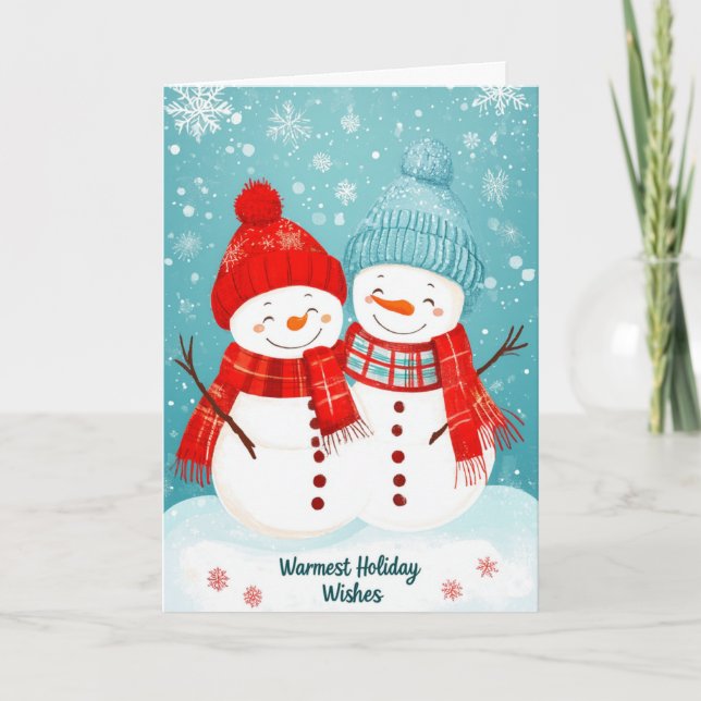 Cozy Snowmen Couple Warmest Holiday Wishes Card (Front)