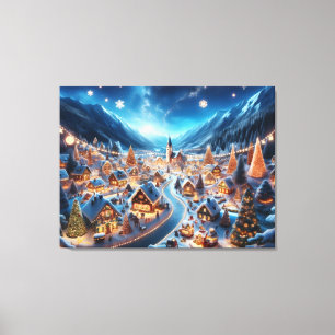 Cozy Snowy Christmas Village at Night Canvas Print