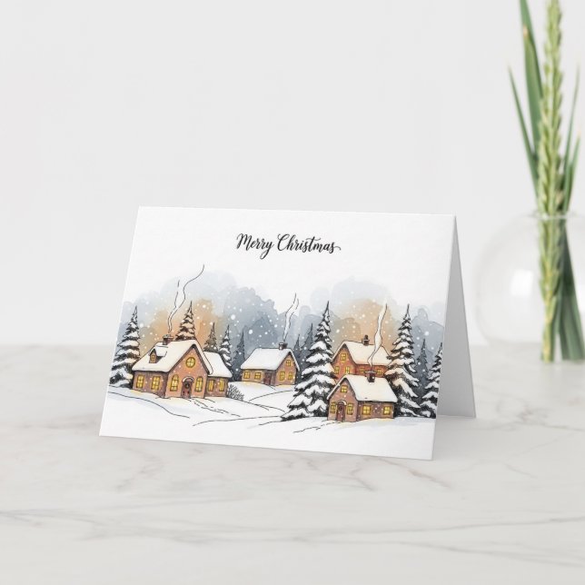 Cozy Snowy Christmas Village Winter Scene Holiday Card (Front)