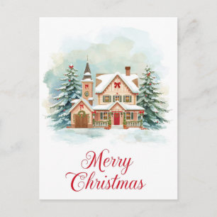 Cozy Snowy Village Christmas Watercolor Holiday Postcard