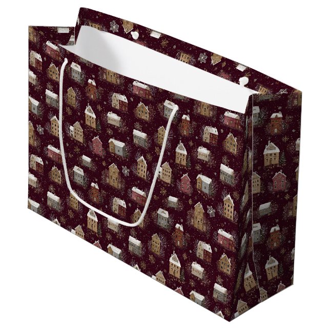 Cozy Snowy Winter Village Pattern (2) Large Gift Bag (Front Angled)