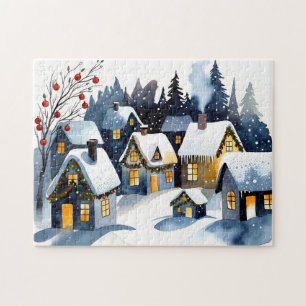 Cozy Snowy Winter Village Watercolor Christmas Jigsaw Puzzle