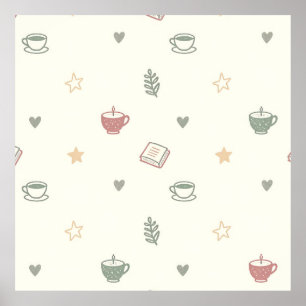 Cozy Tea Books Candle Pattern Soft Poster