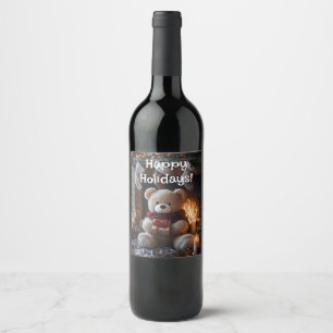 Cozy Teddy Bear Holiday Design Wine Label