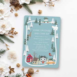 Cozy Up Blue Snowy Village Christmas Holiday Party Invitation