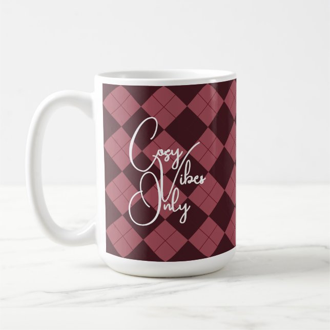 "Cozy Vibes Only" Deep Red Argyle Pattern Coffee Mug (Left)
