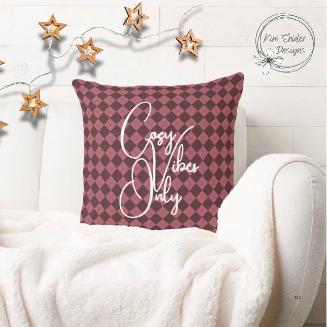 "Cozy Vibes Only" Deep Red Argyle Pattern Cushion (Creator Uploaded)