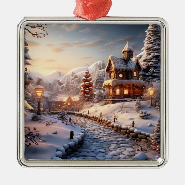 Cozy Village at Christmas illustration Metal Tree Decoration (Front)