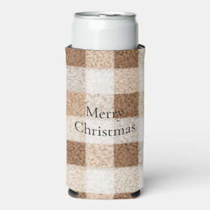 Cozy Warm Brown Cream Plaid Stripes Christmas Seltzer Can Cooler