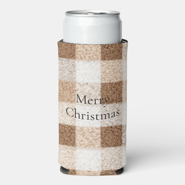 Cozy Warm Brown Cream Plaid Stripes Christmas Seltzer Can Cooler (Seltzer Front)