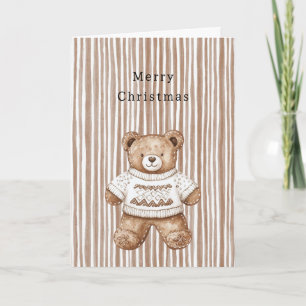Cozy Warm Christmas Cute Happy Teddy Bear Stripes Card