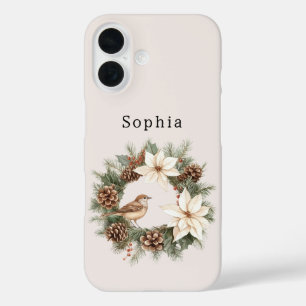 Cozy Warm Christmas Poinsettia Pine Cones Bird iPhone 16 Case