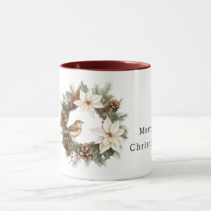 Cozy Warm Christmas Poinsettia Pine Cones Bird Mug