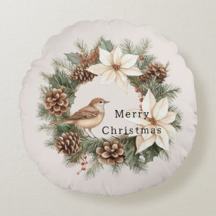 Cozy Warm Christmas Poinsettia Pine Cones Bird Round Cushion