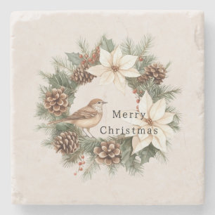 Cozy Warm Christmas Poinsettia Pine Cones Bird Stone Coaster