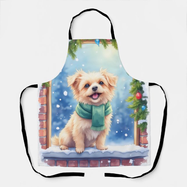Cozy Watercolor Affenpinscher Christmas Snowy Apron (Front)