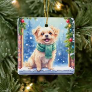 Cozy Watercolor Affenpinscher Christmas Snowy Ceramic Ornament