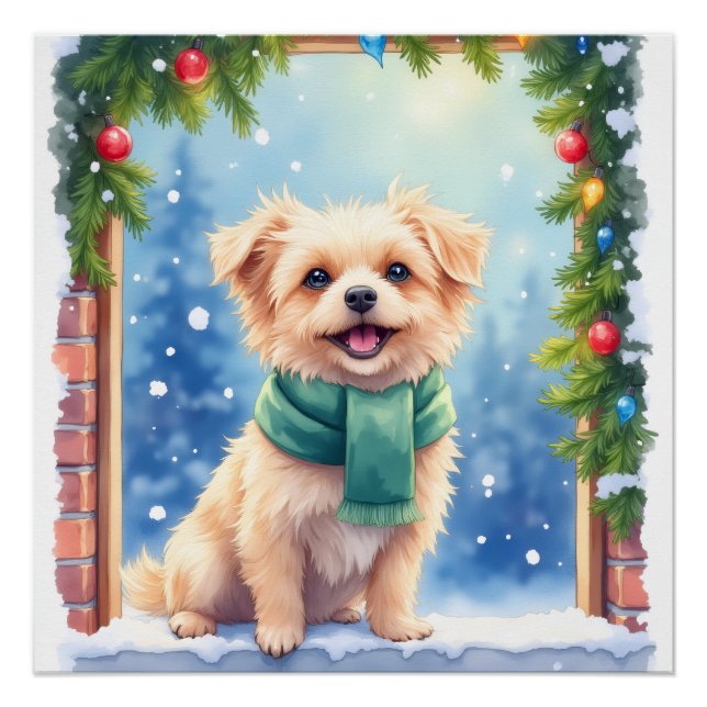 Cozy Watercolor Affenpinscher Christmas Snowy Poster (Front)
