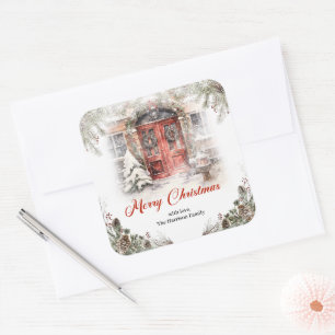 Cozy watercolor red Christmas door in winter city Square Sticker
