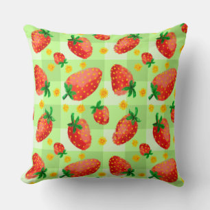 Cozy Watercolor Strawberries and Daisies Plaid Cushion