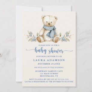 Cozy Watercolor Teddy Bear Winter Baby Shower Invitation