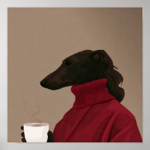 Cozy Whippet Drinking Coffee - Minimalist Dog 