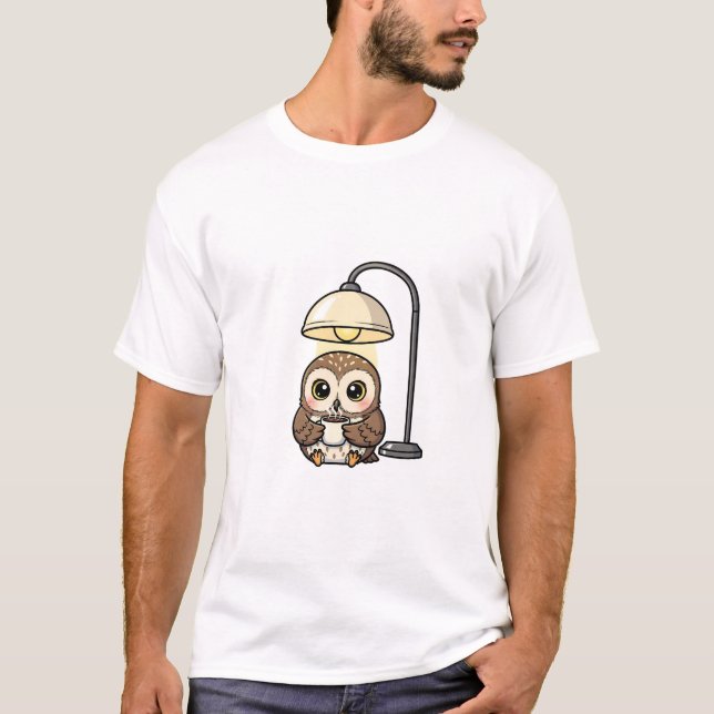 Cozy Wide-Eyed Owl Drinking Coffee Under Warm Lamp T-Shirt (Front)