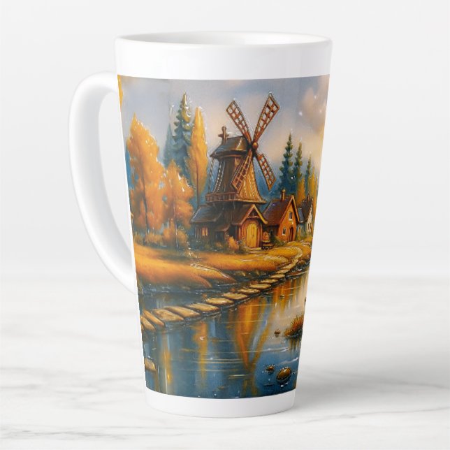 Cozy Windmill Village at Sunrise Latte Mug (Left Angle)
