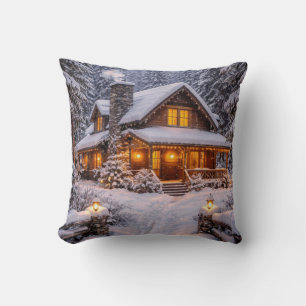 Cozy Winter Cabin in the Snow Cushion