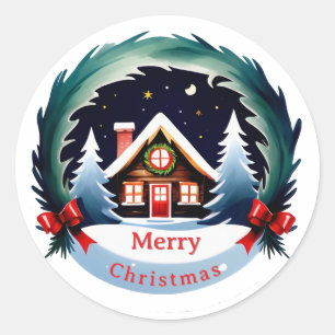 Cozy Winter Cabin Wrapped in a Festive Wreath Classic Round Sticker