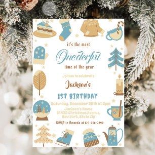 Cozy Winter christmas holiday 1st Birthday party Invitation
