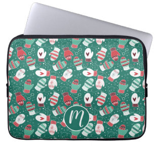 Cozy Winter Christmas Mittens Pattern in Green Laptop Sleeve