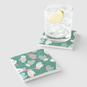 Cozy Winter Christmas Mittens Pattern in Green Stone Coaster