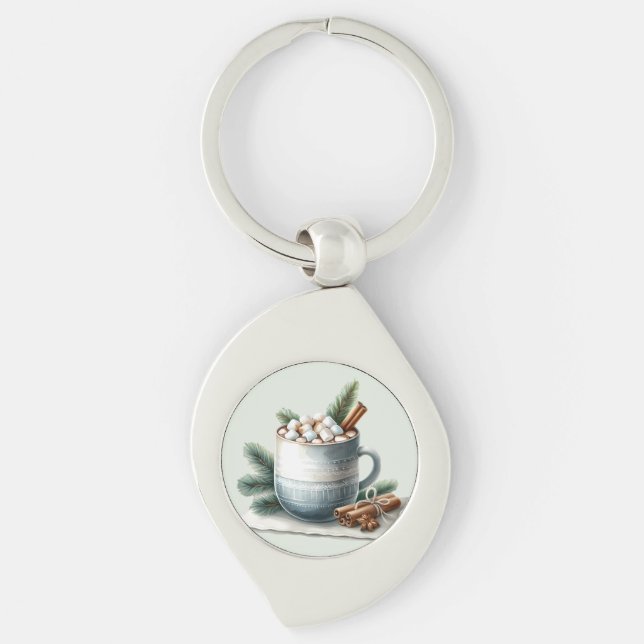 Cozy Winter Cocoa Marshmallow Scene Key Ring (Front)