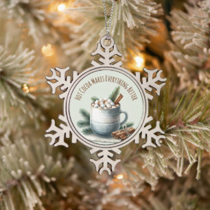 Cozy Winter Cocoa Marshmallow Scene Snowflake Pewter Christmas Ornament