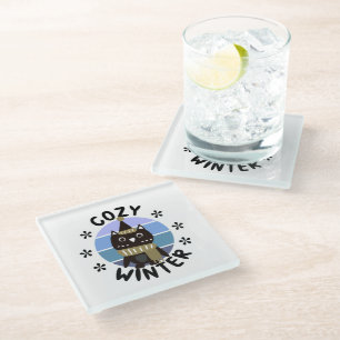 Cozy Winter, Cute Owl Glass Coaster