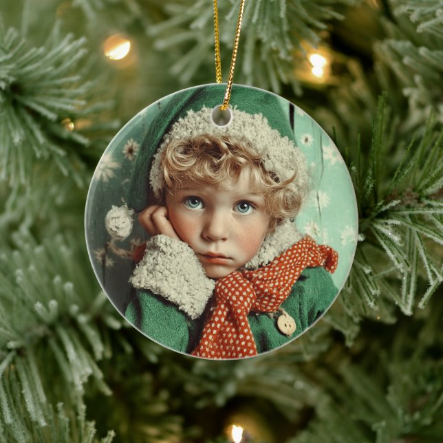 Cozy Winter Elf Child Portrait Ceramic Tree Decoration (Tree)