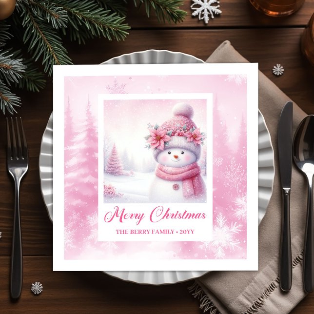 Cozy Winter Forest Pink Snowman Pinkmas Party  Napkin (Cozy Winter Forest Pink Snowman Pinkmas Party Napkins)