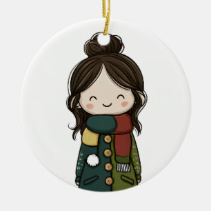 Cozy Winter Girl - Pom‑Pom Pocket Coat Ceramic Tree Decoration