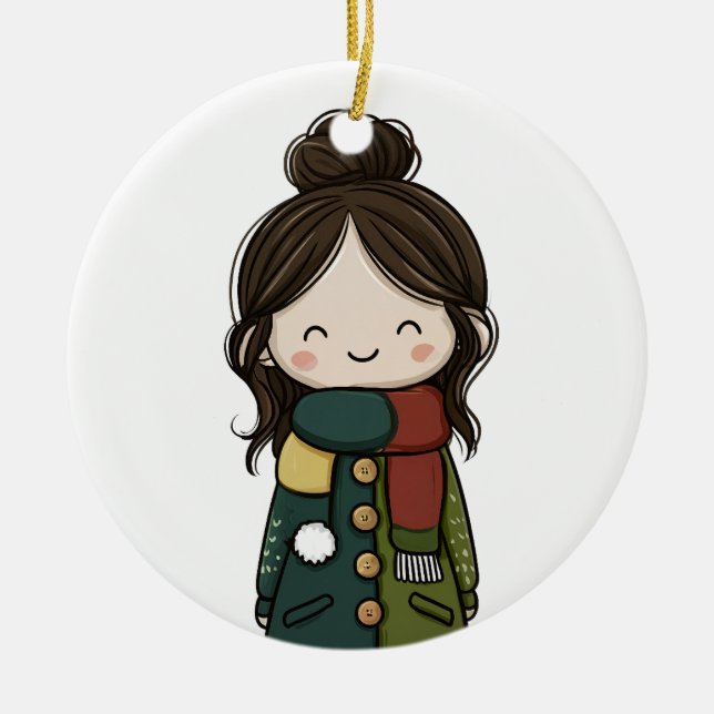 Cozy Winter Girl - Pom‑Pom Pocket Coat Ceramic Tree Decoration (Front)