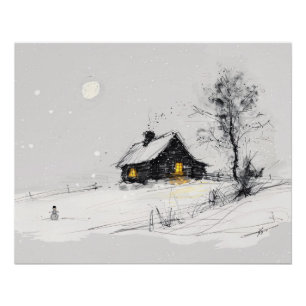 Cozy Winter Holiday Scene with Snowman and Cottage Poster