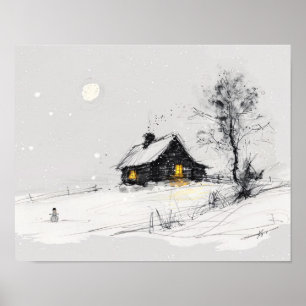Cozy Winter Holiday Scene with Snowman and Cottage Poster