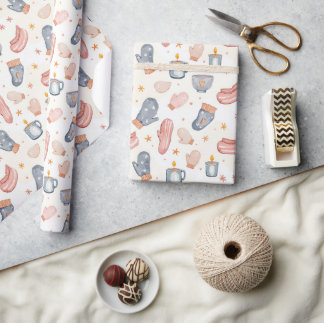 Cozy Winter Mittens & Mug Watercolor Pattern Wrapping Paper