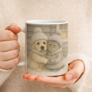 Cozy Winter Mug with Puppy and Kitten Illustration