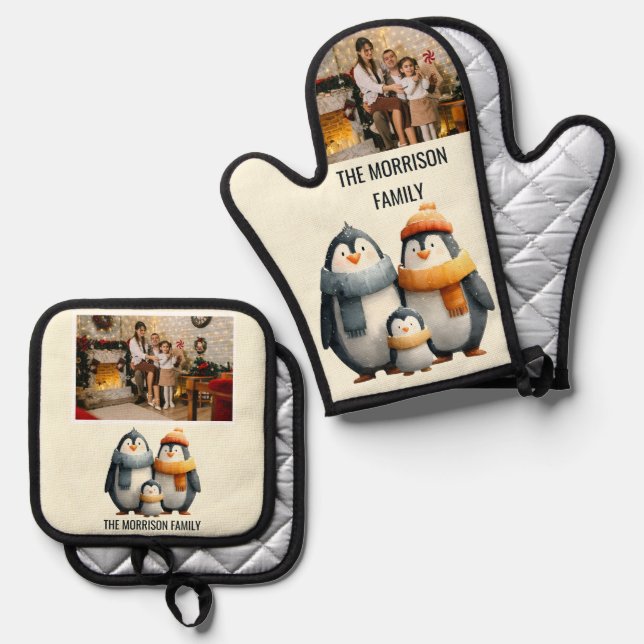 Cozy Winter Penguin Family Oven Mitt & Pot Holder Set (Front/Back)