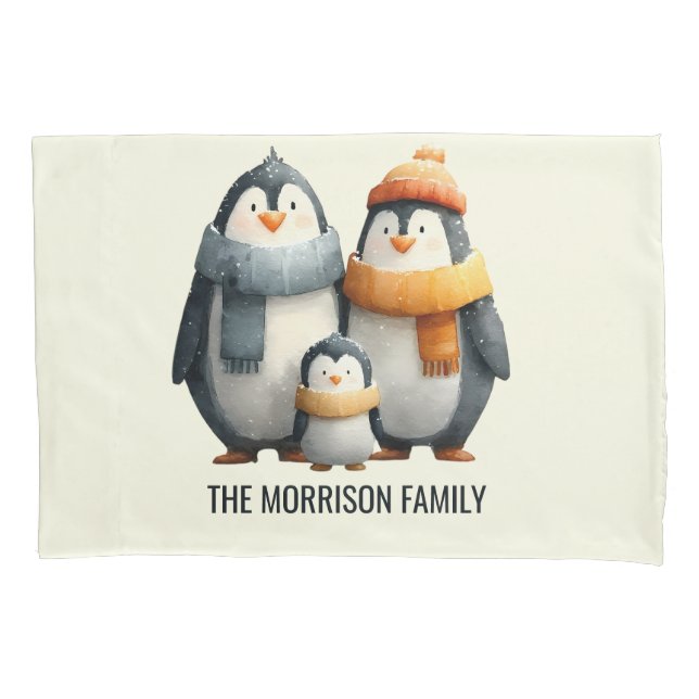Cozy Winter Penguin Family Pillowcase (Front)