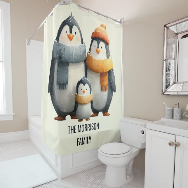 Cozy Winter Penguin Family Shower Curtain (In Situ)