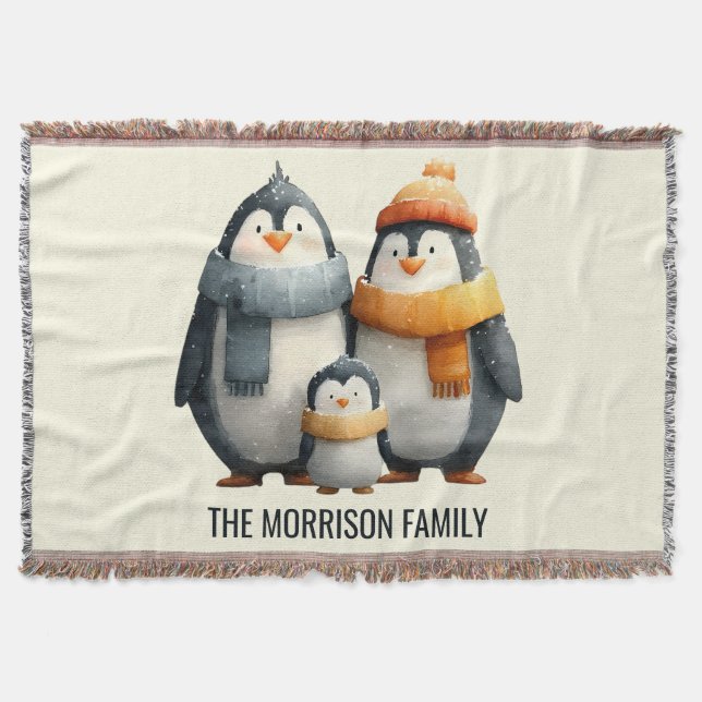 Cozy Winter Penguin Family Throw Blanket (Front)