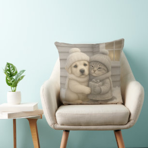Cozy Winter Pillow with Puppy and Kitten in Hats