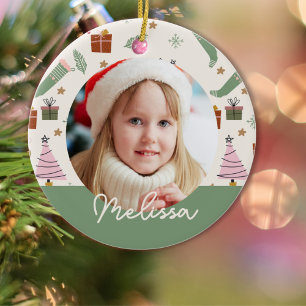 Cozy Winter Pink Green Christmas Photo   Ceramic Tree Decoration